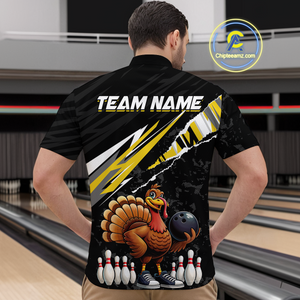 Custom Yellow Funny Turkey Bowling Jersey for Men Thanksgiving Bowling Shirts Polo & 1/4 Zip HNT117