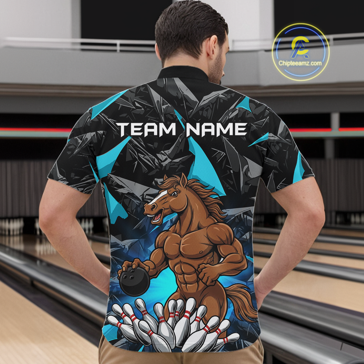 Custom Turquoise Funny Horse Bowling Jersey for Men Bowling Team Shirts Bowling League Polo & 1/4 Zip HNT183