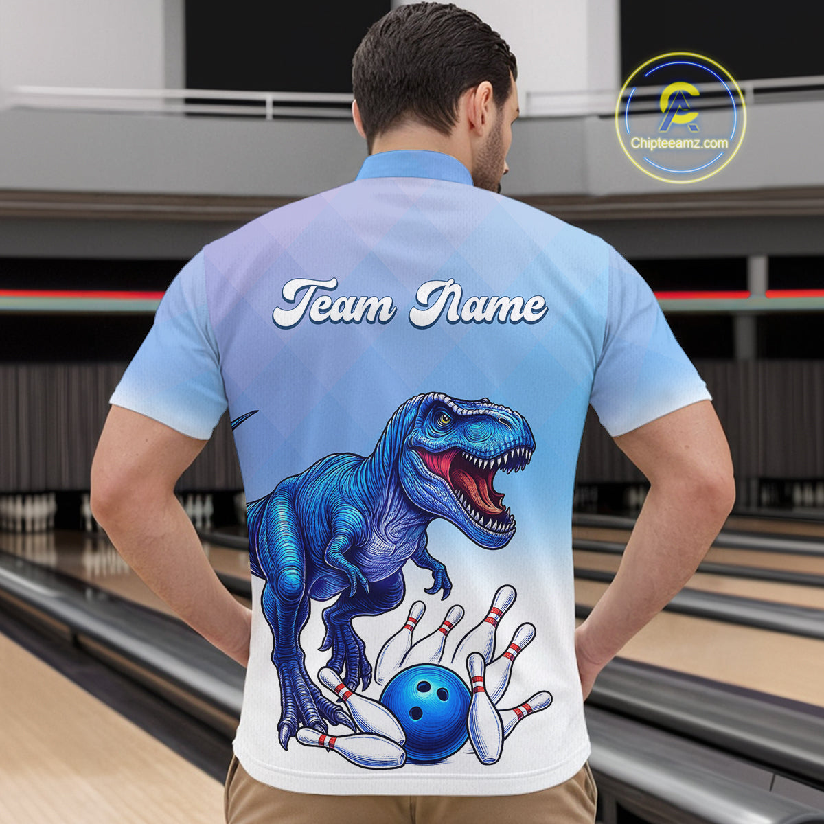Blue Dinosaur Bowling Shirts for Men Women Custom Team Bowling Jerseys Polo and Zip Shirt MBL162