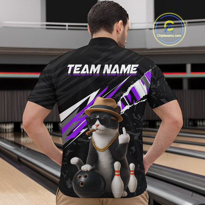 Custom Purple Funny Cat Bowling Jersey for Men Bowling Shirt Polo & 1/4 Zip Bowling Team Shirts HNT136