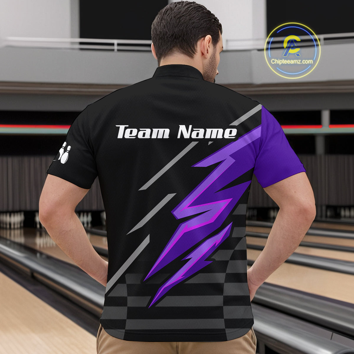 Black and Purple Lightning Bowling Polo, Quarter Zip Shirt for Men Custom Bowling Team League Jersey NQS10907