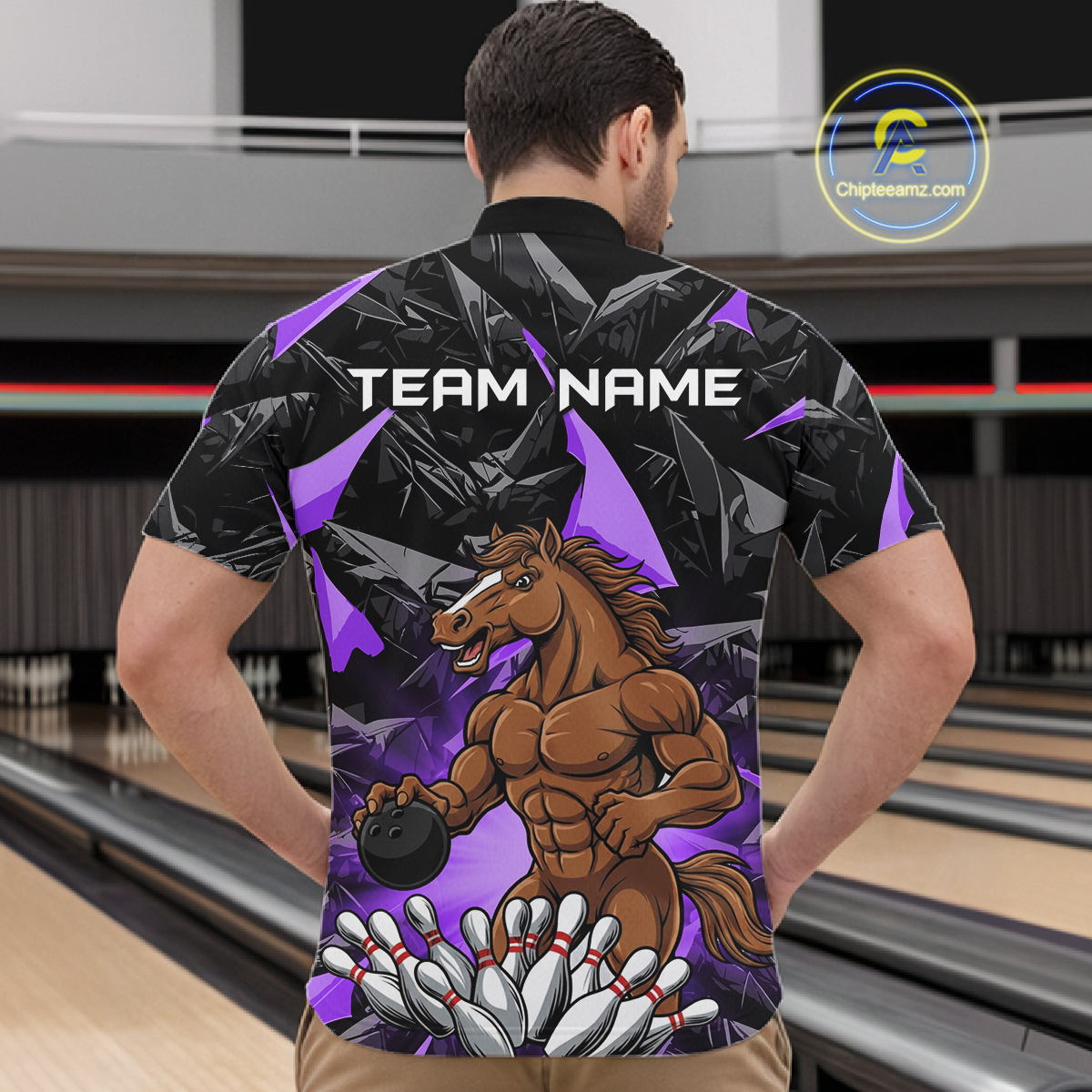 Custom Purple Funny Horse Bowling Jersey for Men Bowling Team Shirts Bowling League Polo & 1/4 Zip HNT183