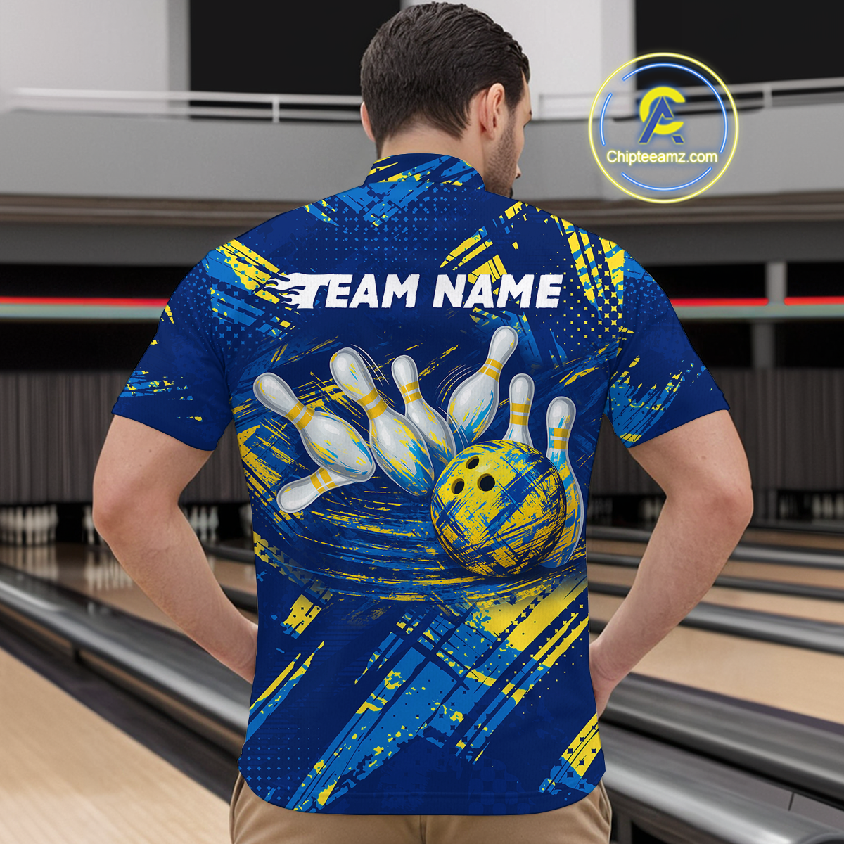 Custom Blue Yellow Bowling Jersey for Men Bowling Uniform Polo & 1/4 Zip Bowling Team Shirts HNT122