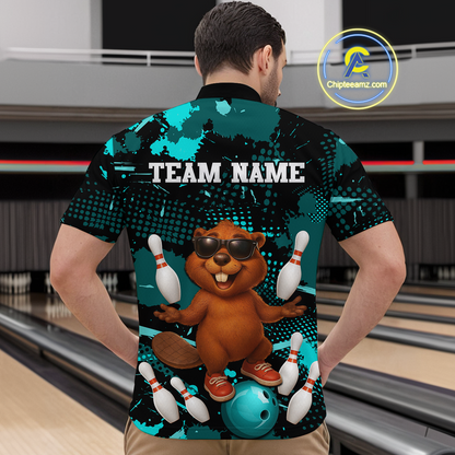 Custom Teal Funny Beaver Bowling Team Shirt Men Bowling League Jersey Polo Bowling Outfit QZT764