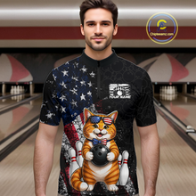 Load image into Gallery viewer, Custom US Flag Cat Bowling Shirt for Men Bowling League Patriotic Bowling Team Shirts HNT335