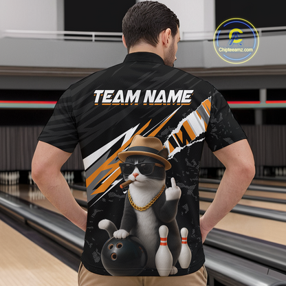 Custom Orange Funny Cat Bowling Jersey for Men Bowling Shirt Polo & 1/4 Zip Bowling Team Shirts HNT136
