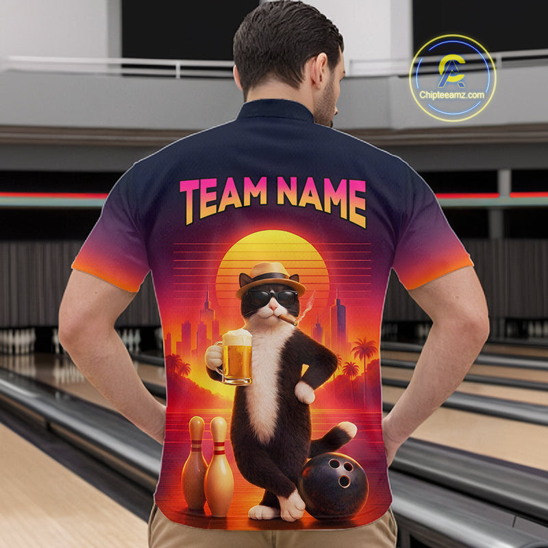 Beer Cat Funny Bowling Shirt for Men Retro Custom Cat with Beer Bowling Team Jersey HNT274