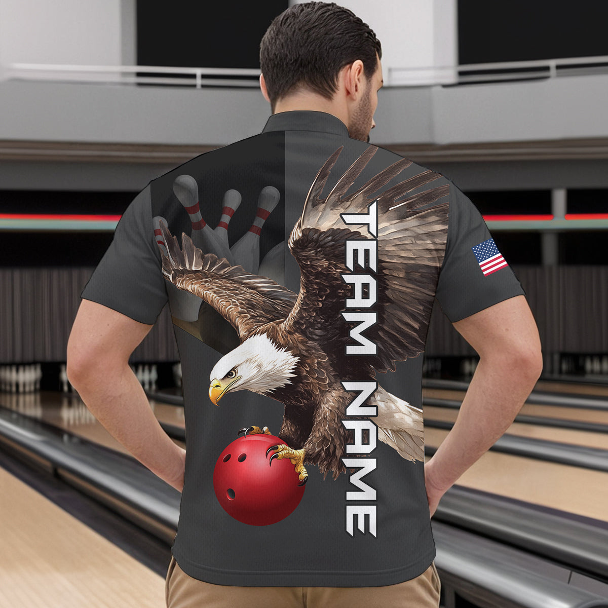 Personalized US Flag Eagle Bowling Shirt Bowling Jersey for Men Polo & 1/4 Zip Shirt Team League HNT24