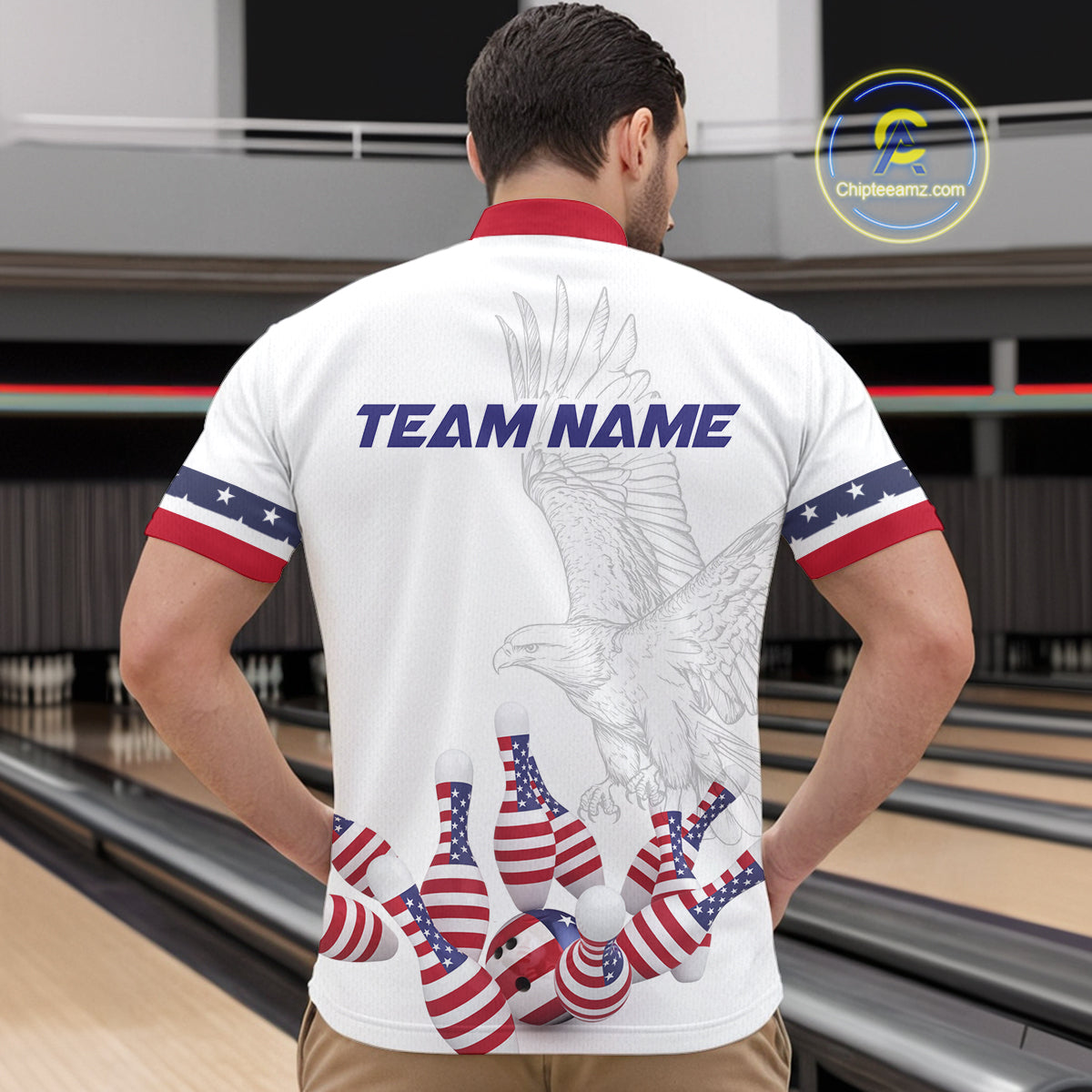 Custom Eagle US Flag Bowling Men Bowling Shirt Polo & Quarter-Zip Bowling Team Jerseys HNT76