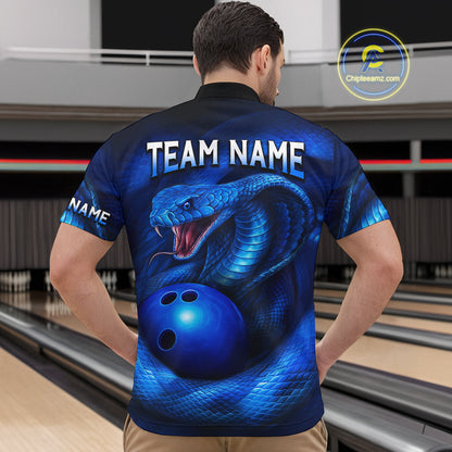 Custom 3D Blue Cobra Snake Bowling Team Shirt Bowling Jersey Outfit for Men Polo & Quarter-Zip QZT723