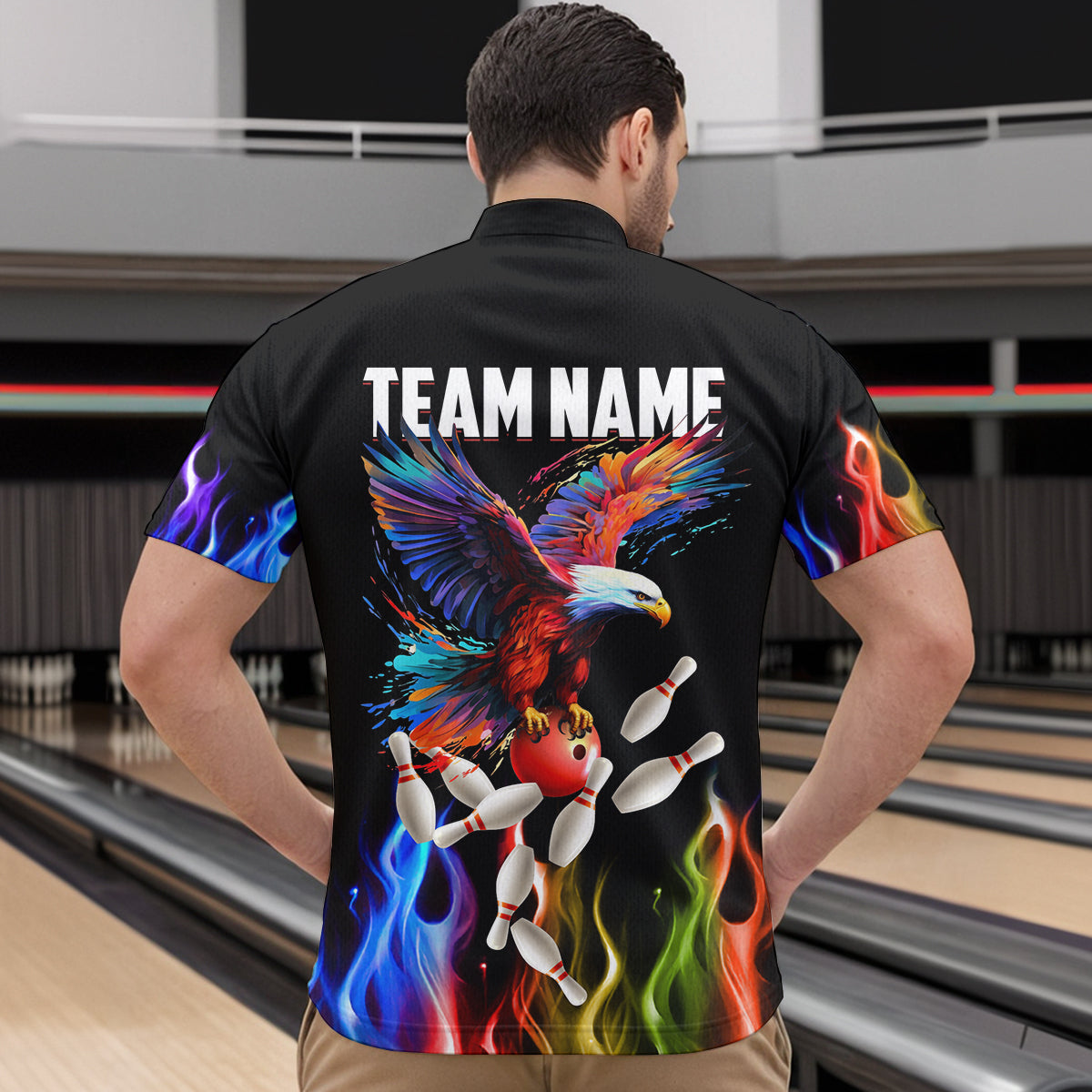 Rainbow Flame Eagle Bowling Team Jersey Personalized Bowling Quarter-Zip Shirt For Men And Women QZT681