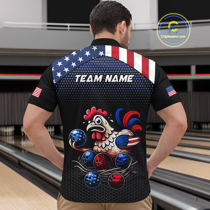 Custom American Flag Funny Chicken Bowling Team Jersey for Men Polo Bowling Shirt Unisex QZT710