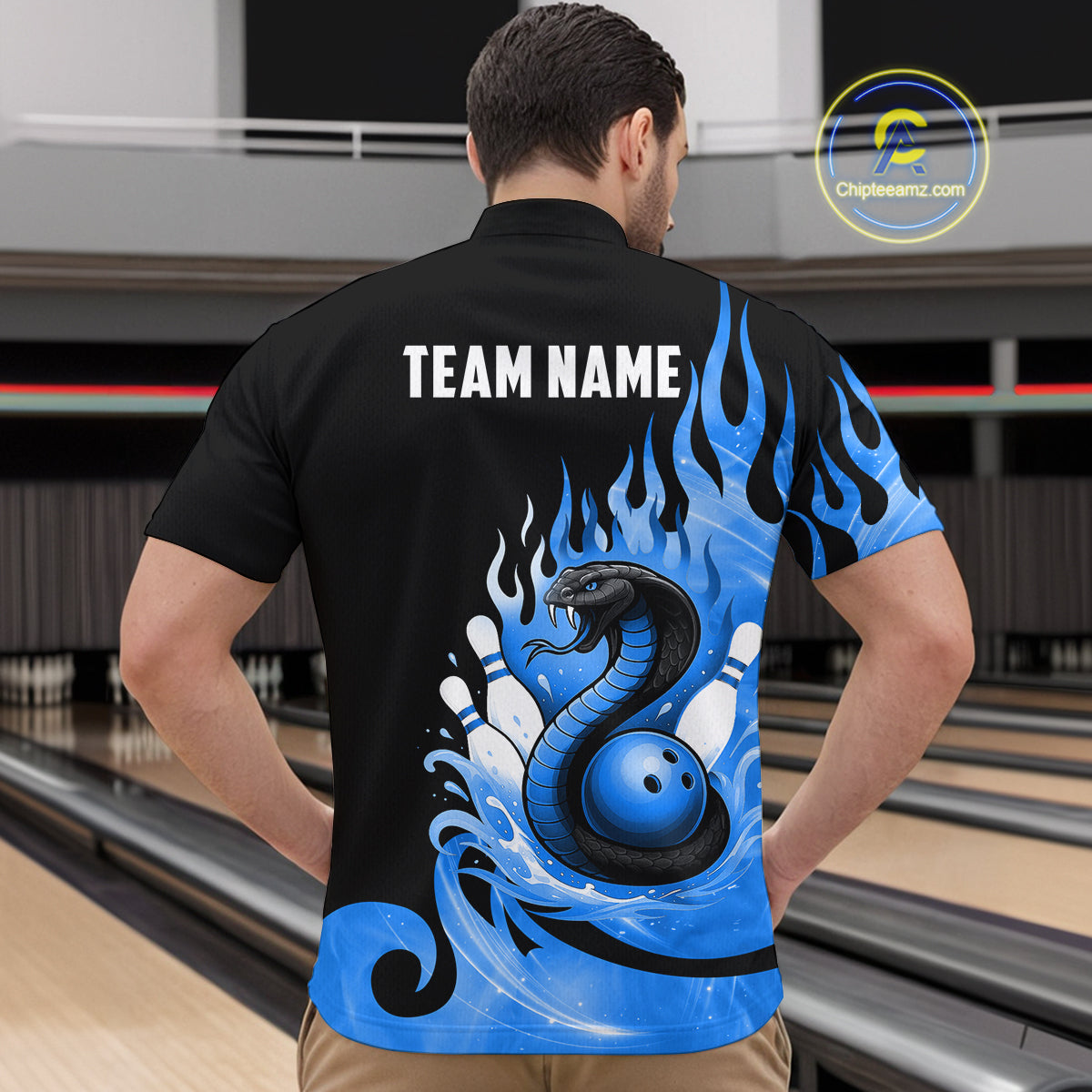 Custom Blue Flame Cobra Snake Bowling Shirt Quarter-Zip Bowling Team League Bowling Jersey QZT694