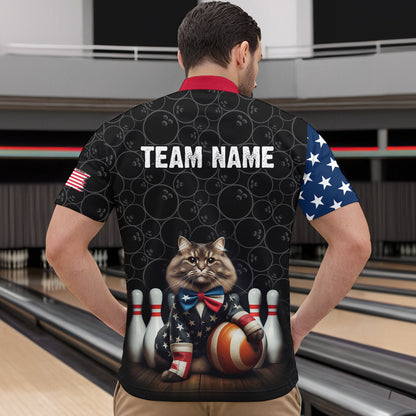Personalized Patriotic Cat Bowling Shirt Quarter-Zip American Bowling Jersey for Men Women QZT673