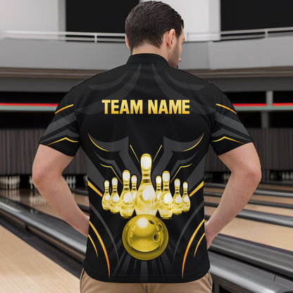 Black and Gold Custom Name Bowling Jerseys For Men Bowling Team Shirts Bowling Pin And Ball HNT26