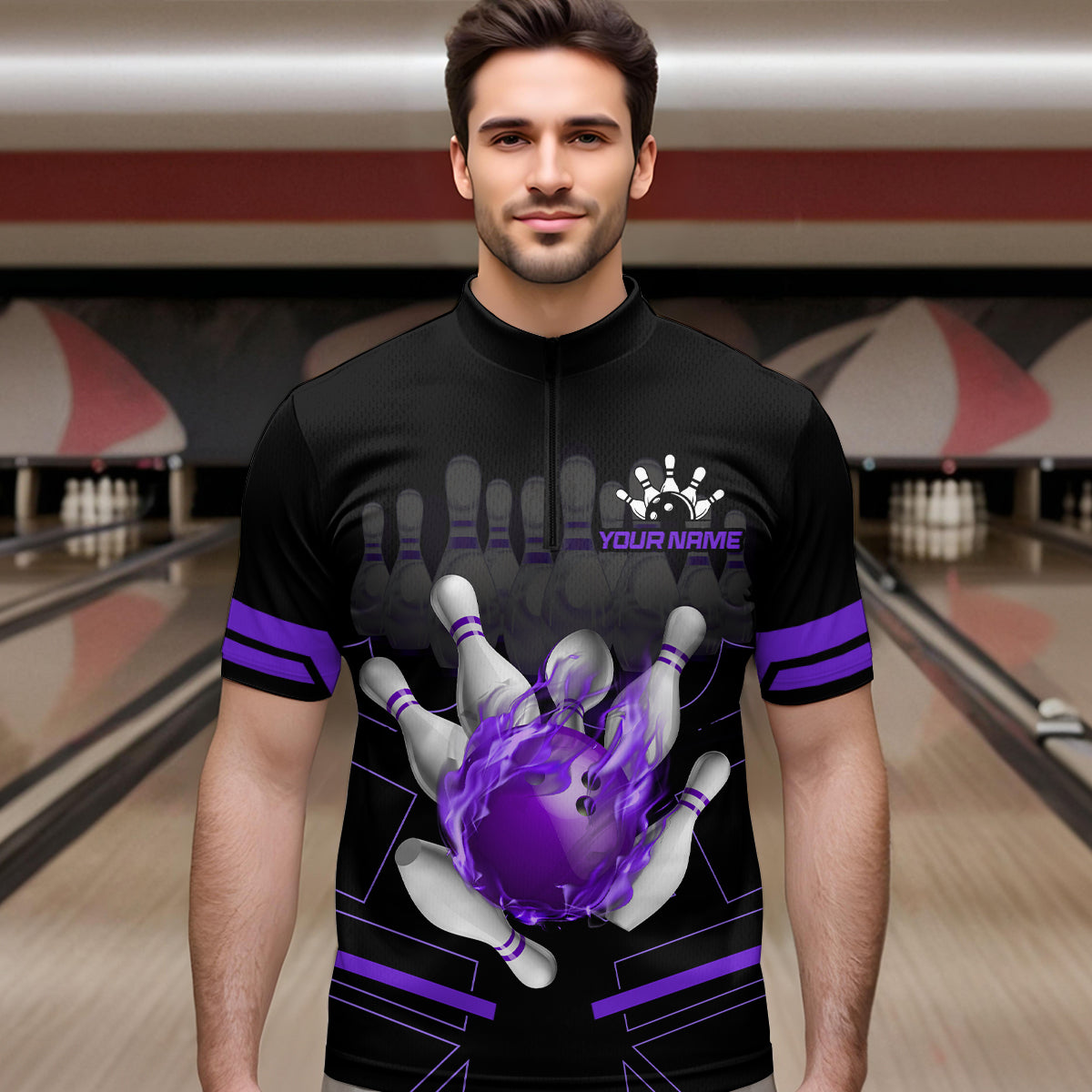 Custom Flame Bowling Jersey For Men Bowling Team Shirt League Bowling Quarter-Zip Shirt BDT303