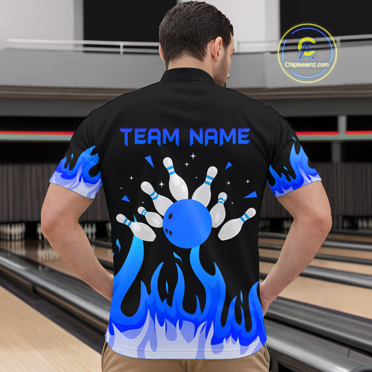 Custom Blue Flame Bowling Shirts for Men Polo & Quarter-Zip Bowling Team Jerseys HNT82