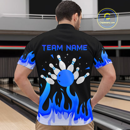 Custom Blue Flame Bowling Shirts for Men Polo & Quarter-Zip Bowling Team Jerseys HNT82