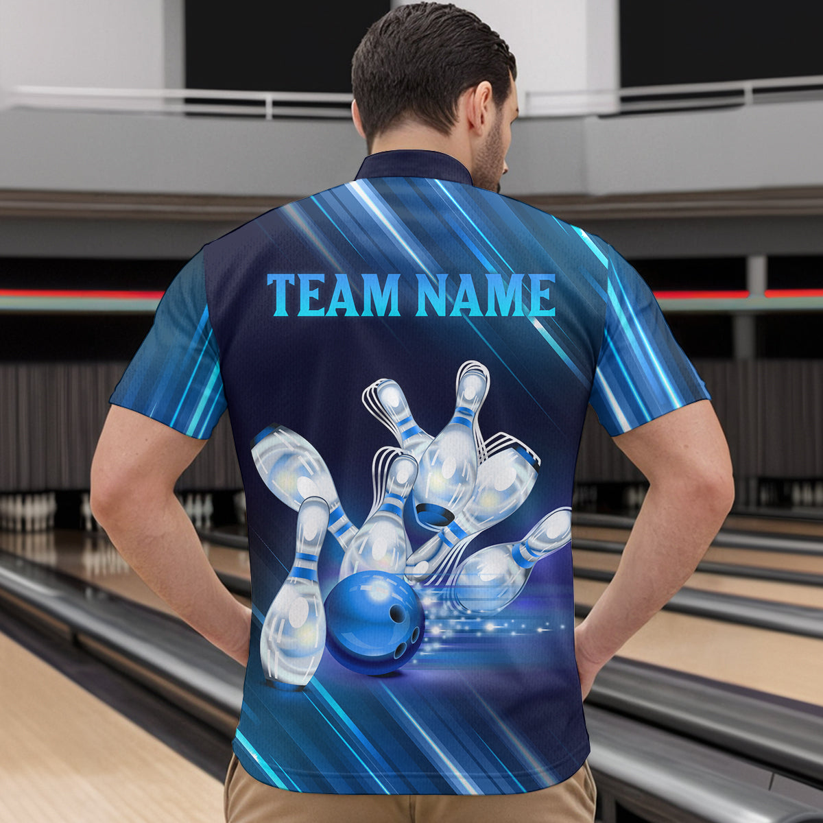 Custom Blue Bowling Jersey for Men Bowling Team Shirts Bowling Uniform Polo & 1/4 Zip HNT162