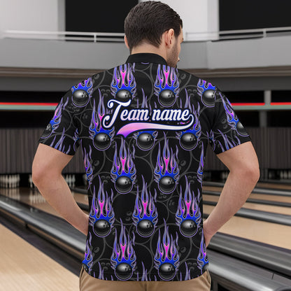 Black Bowling Ball Camo Blue Flame Bowling Polo, 1/4 Zip Shirt for Men Custom Bowling Team Jersey NQS9480