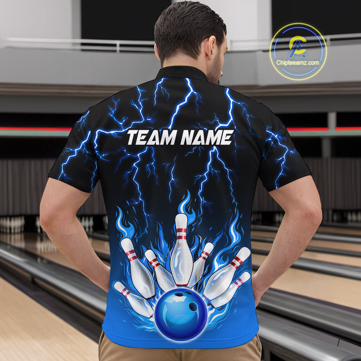 Blue Thunder Bowling Custom Men Bowling Shirt Polo & Quarter-Zip Bowling Team Shirts HNT71