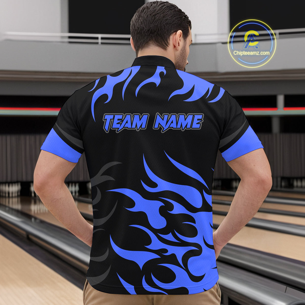 Black and Blue Flame Bowling shirts for Men Custom team bowling jerseys, mens bowling apparel NQS10267