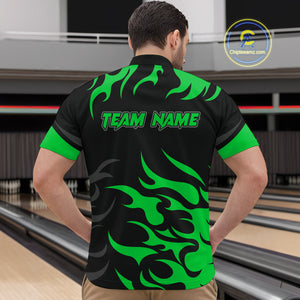 Black and Green Flame Bowling shirts for Men Custom team bowling jerseys, mens bowling apparel NQS10268