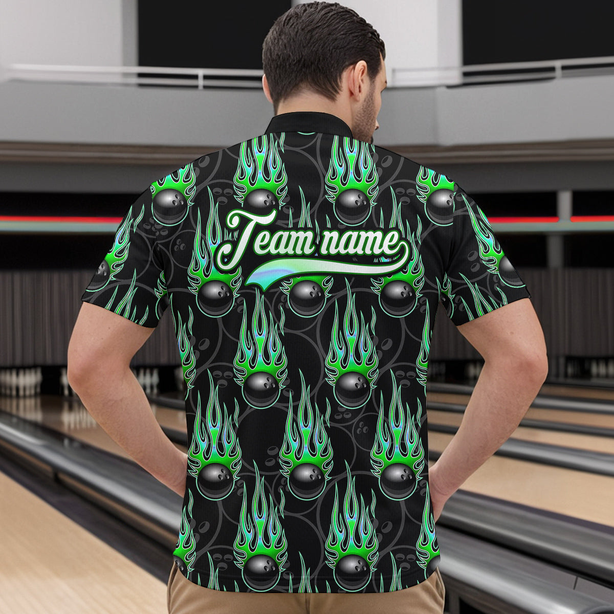 Black Bowling Ball Camo Green Flame Bowling Polo, 1/4 Zip Shirt for Men Custom Bowling Team Jersey NQS9479