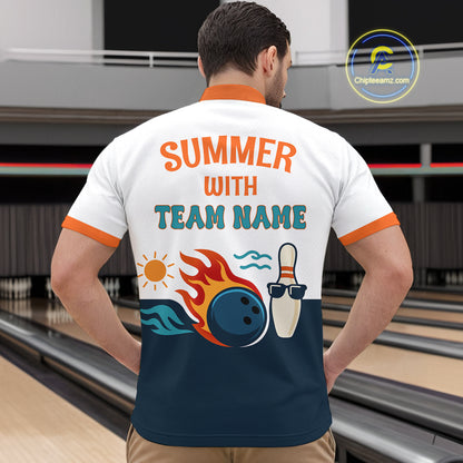 Personalized Flame Bowling Shirt Quarter-Zip Bowling Summer with Team Name Gift for Bowlers QZT697