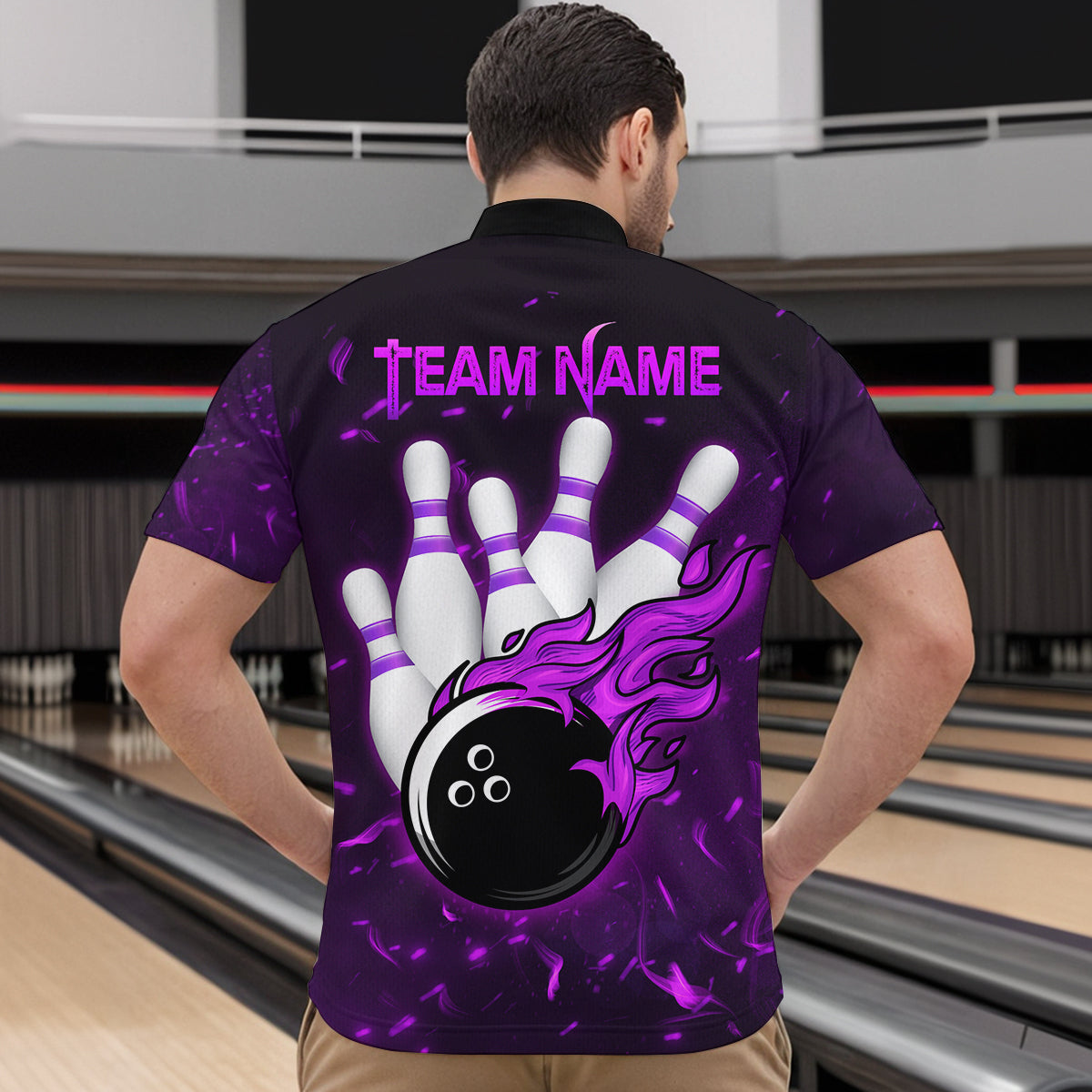 Personalized Purple Bowling Jersey Men Women Flame Bowling Quarter-Zip Shirt Bowling Shirt BDT424