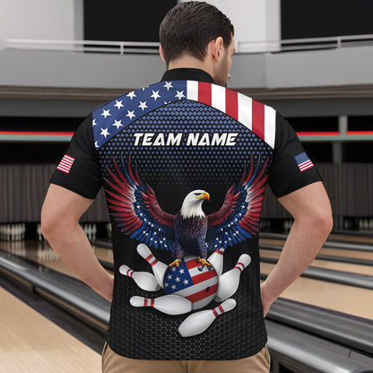 Man wearing custom american flag with eagle bowling quarter-zip shirt, back view mockup, personalized bowling league jersey.