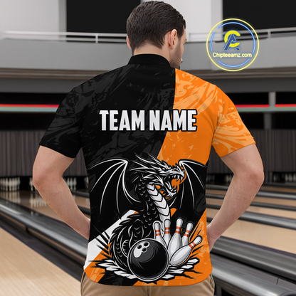 Custom Orange Dragon Bowling Men Shirts Bowling Uniform Polo & 1/4 Zip Bowling Team Jerseys HNT103