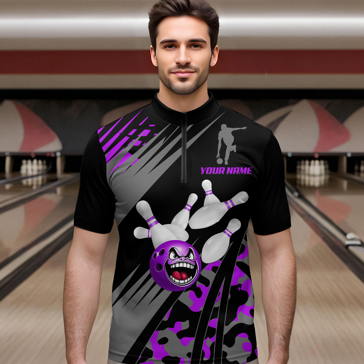 Personalized Purple Crazy Bowling Shirt Quarter-Zip Bowling Jersey Bowling Outfit QZT609