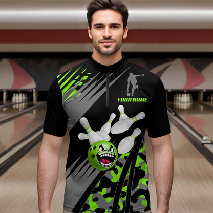 Personalized Green Crazy Bowling Shirt Quarter-Zip Bowling Jersey Bowling Outfit QZT609