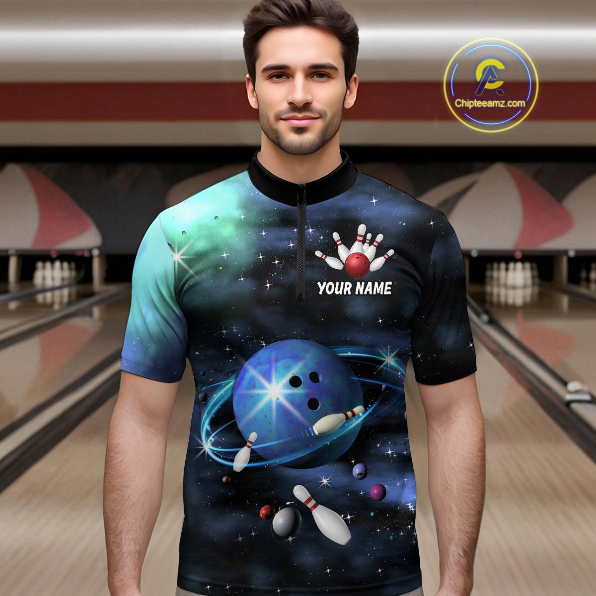 Blue Galaxy Bowling Shirts for Men Women Custom Team Bowling Polo and Quarter Zip MBL123
