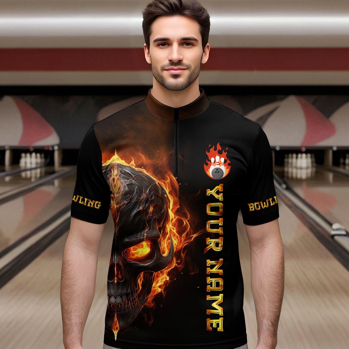 Skull Bowling Shirt For Men Flame Bowling Team League Jersey Custom Bowling 1/4 Zip Shirt BDT333