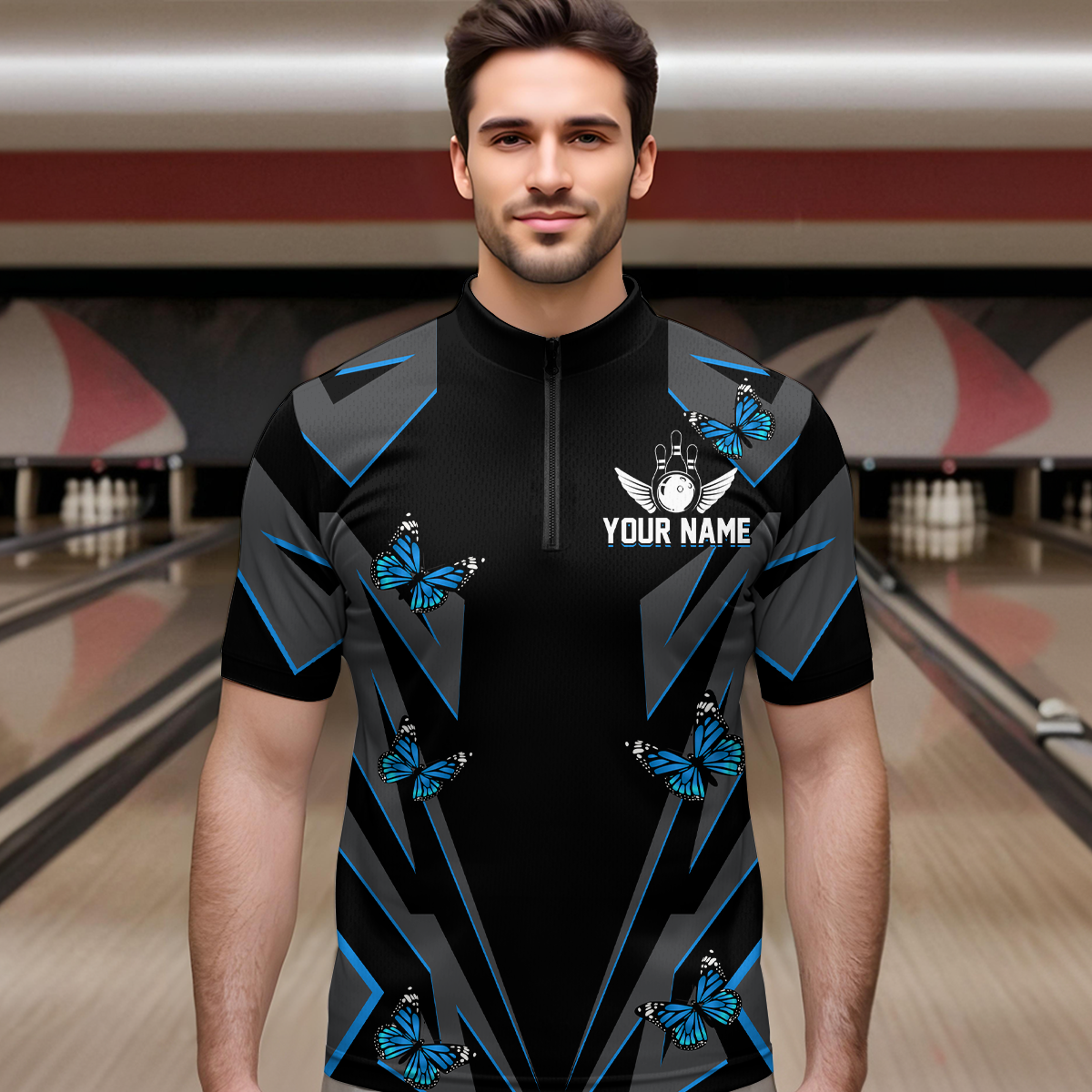 Customize Blue Butterflies Bowling Shirts for Men Women Team Bowling Polo & 1/4 Zip MBL78