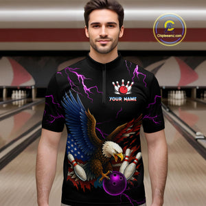 Purple Thunder US Flag Eagle Bowling Shirts for Men Team Bowling Polo & Quarter-Zip HNT96