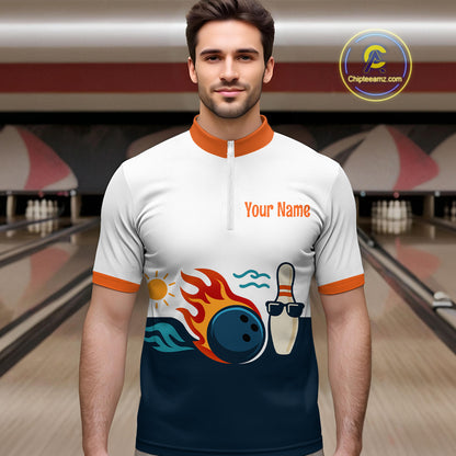 Personalized Flame Bowling Shirt Quarter-Zip Bowling Summer with Team Name Gift for Bowlers QZT697