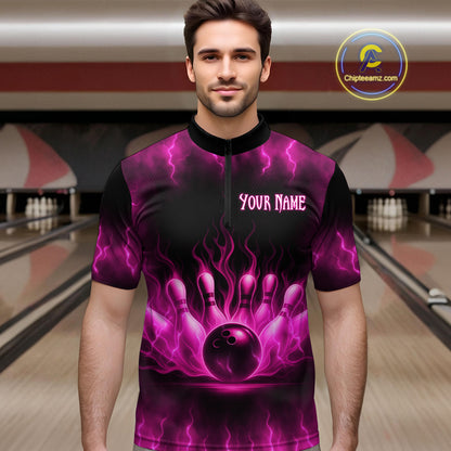 Custom Pink Flame Bowling Shirts for Women Men Team Bowling Polo and Quarter Zip MBL132