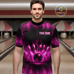 Custom Pink Flame Bowling Shirts for Women Men Team Bowling Polo and Quarter Zip MBL132