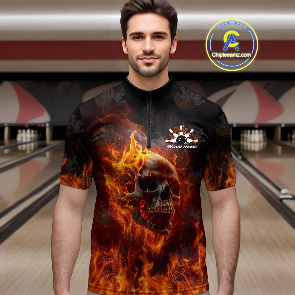 Custom Flame Skull Bowling Jersey for Men Bowling Uniform Polo & 1/4 Zip Bowling Team Shirts HNT112