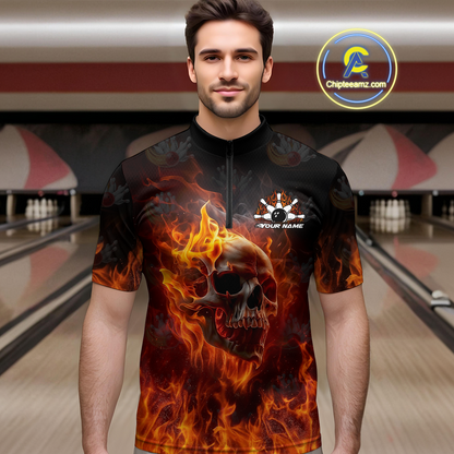 Custom Flame Skull Bowling Jersey for Men Bowling Uniform Polo & 1/4 Zip Bowling Team Shirts HNT112
