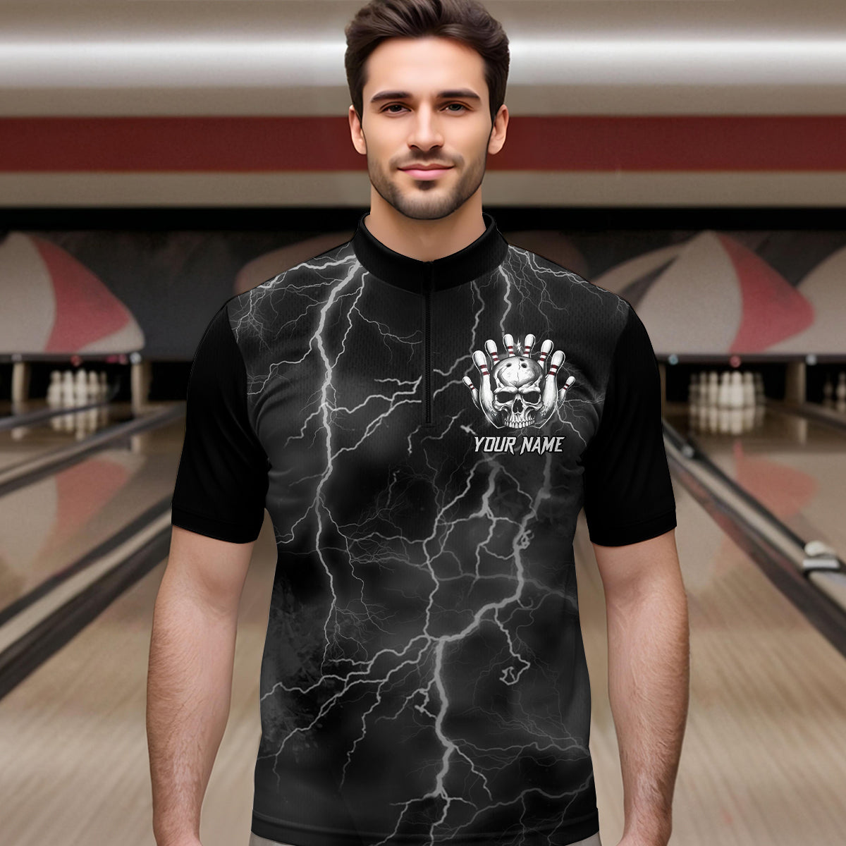Skull Bowling League Shirt Men Bowling Jersey Team Lightning Thunder Bowling Quarter-Zip Shirt BDT335