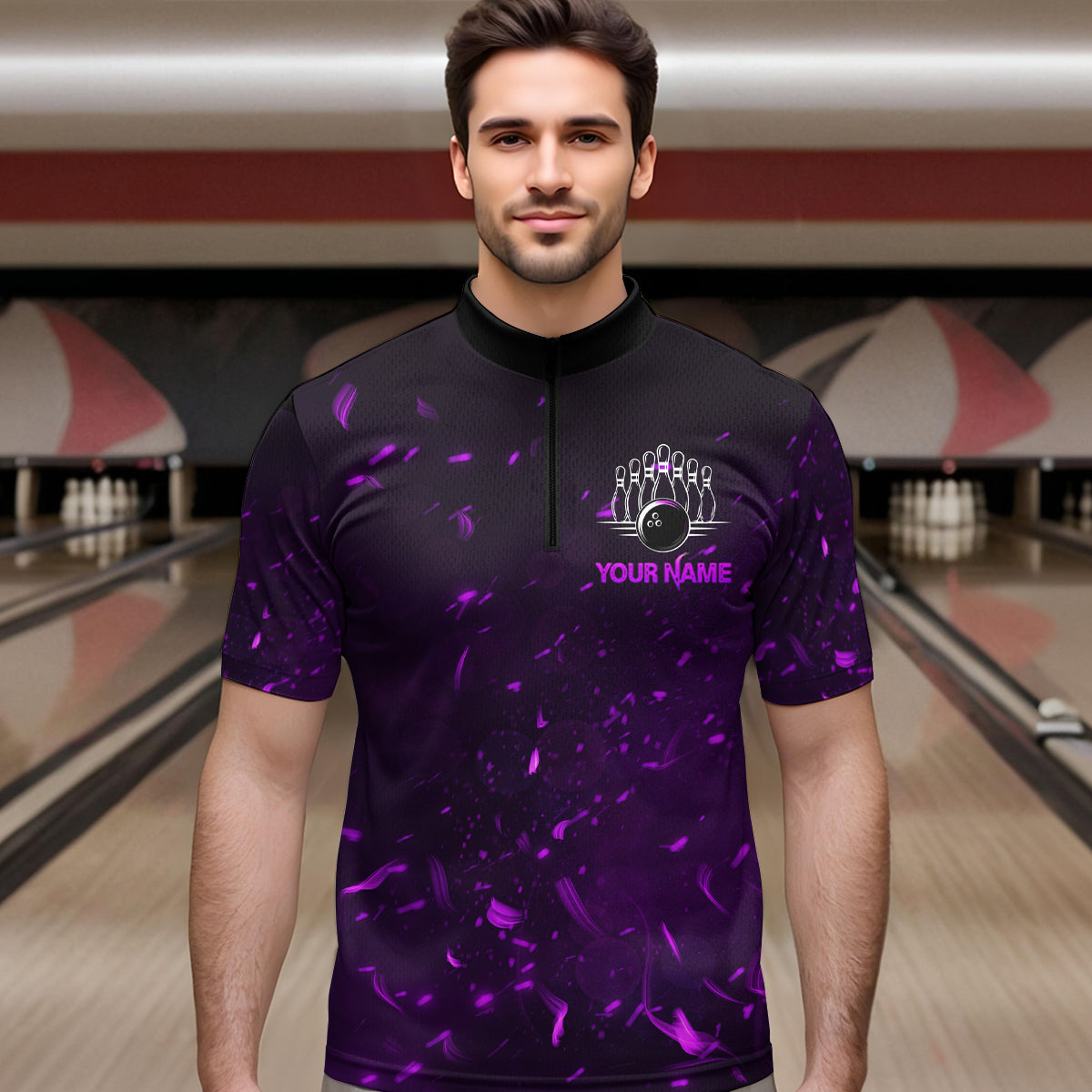 Personalized Purple Bowling Jersey Men Women Flame Bowling Quarter-Zip Shirt Bowling Shirt BDT424