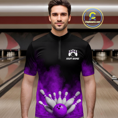 Purple Smoke Bowling Shirts for Men Women Team Personalized Bowling Polo and Quarter Zip MBL130