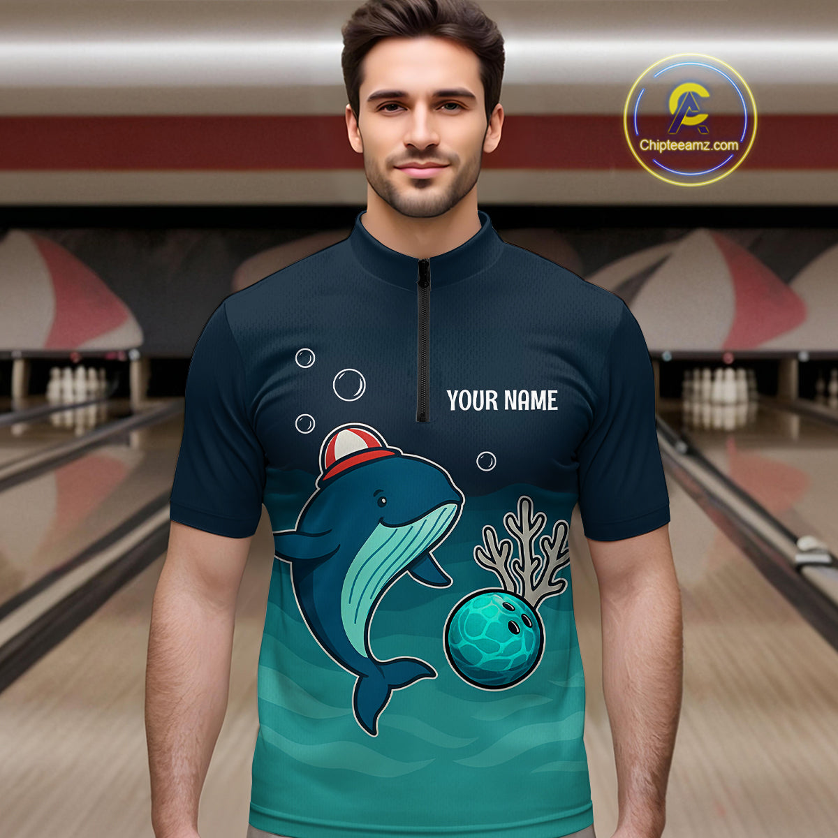 Custom Dolphin Bowling Shirt Summer Bowling Team League Quarter-Zip Bowling Outfit QZT699