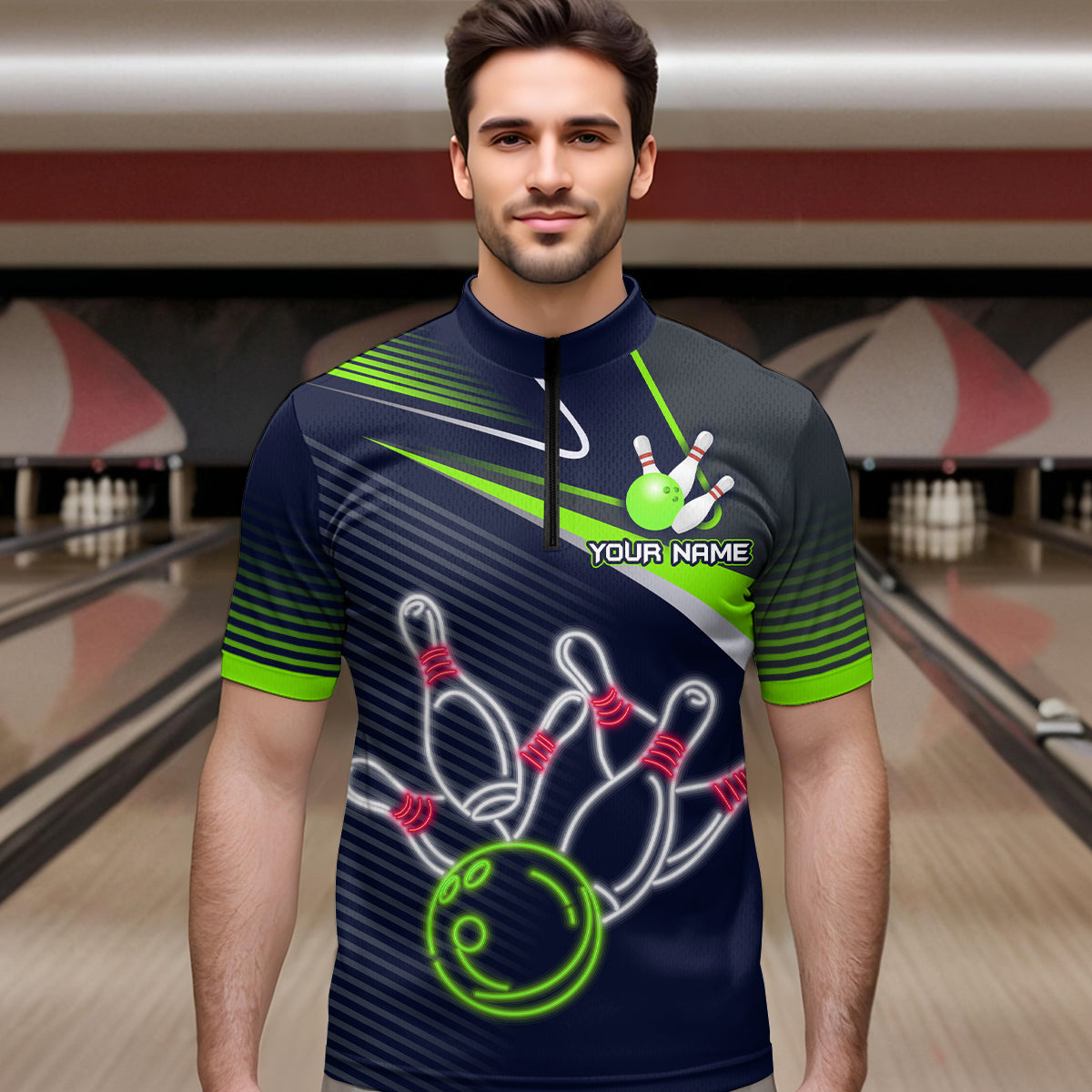 Custom Green&Blue Bowling Shirts for Men Women Team Bowling Polo & 1/4 Zip Shirt MBL41