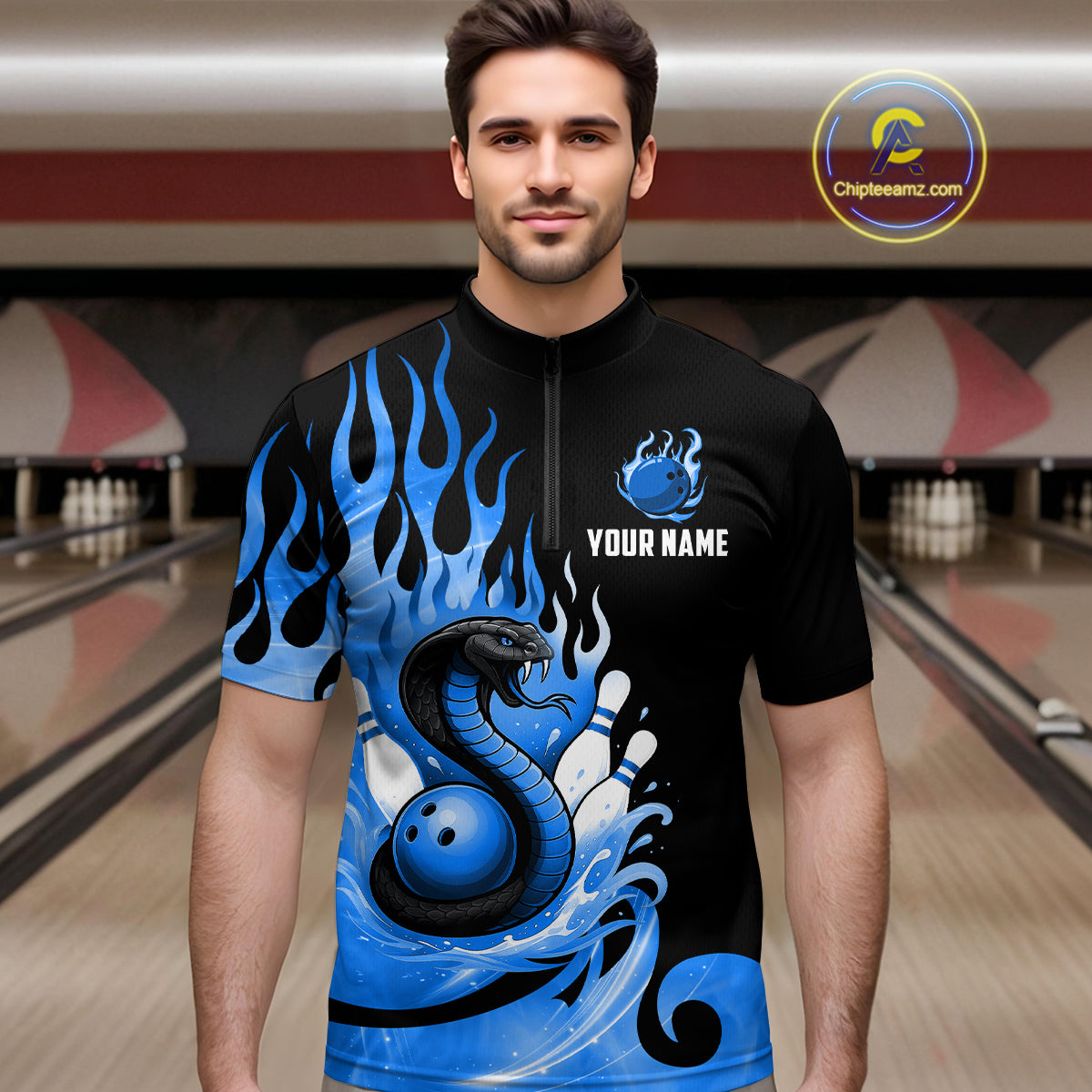 Custom Blue Flame Cobra Snake Bowling Shirt Quarter-Zip Bowling Team League Bowling Jersey QZT694
