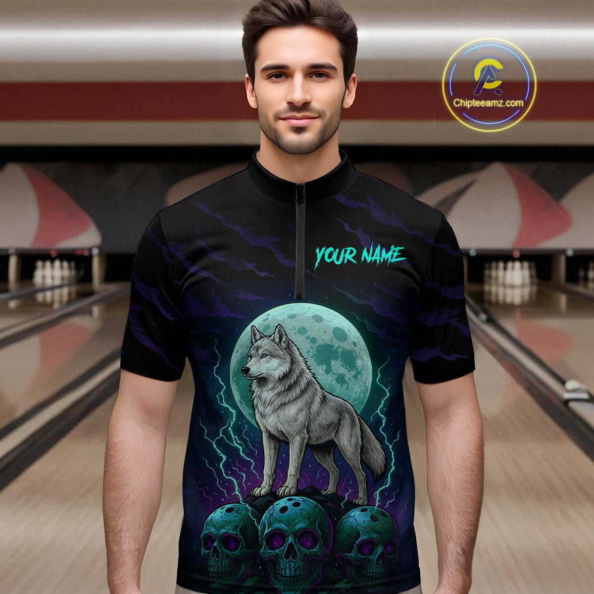 Teal And Purple Wolf & Skull Bowling Team Shirt for Men Custom Bowling League Jersey Bowling Unisex QZT750